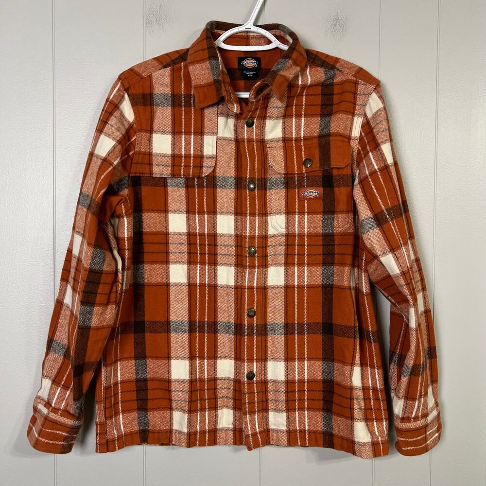 Rust Orange Plaid Flannel Shirt Medium Dickies Snap Front Workwear